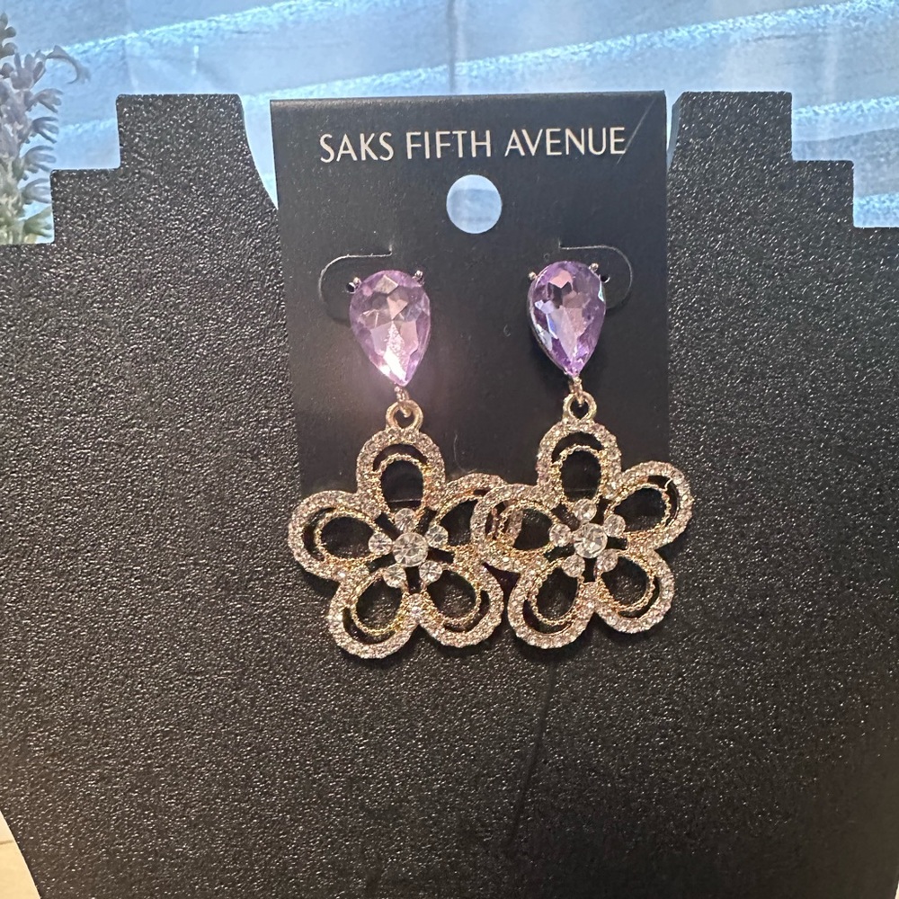 Saks Fifth Avenue Gold Tone & Lavender Rhinestone Earrings
